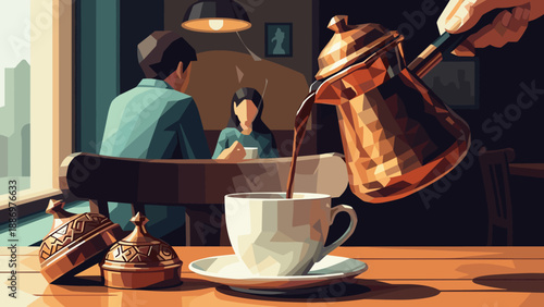 Pouring hot coffee from a cezve into a cup at a cafe with people in the background