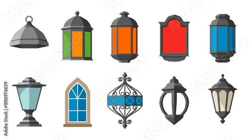 Collection of diverse decorative lanterns and a gothic window in a flat design style