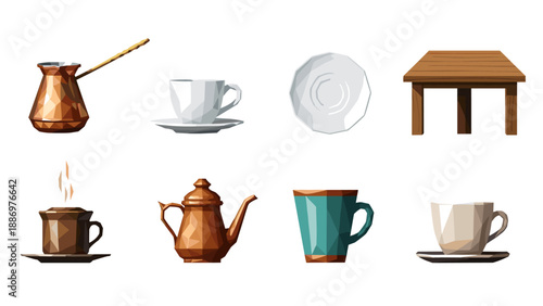Collection of low-poly coffee and tea serving items and a small wooden table
