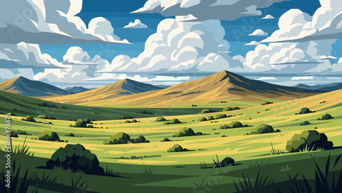 Vast rolling hills under a dramatic sky with fluffy white clouds and distant mountains