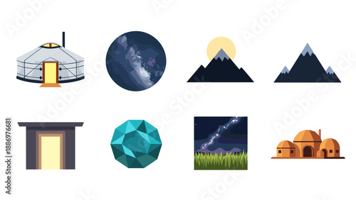 Collection of diverse flat design icons representing nature, architecture, and celestial bodies