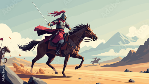 Ancient warrior on horseback charges across a desert landscape with sword raised