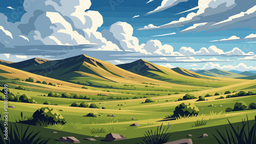 Vibrant rolling hills under a dramatic sky with fluffy clouds and distant mountains