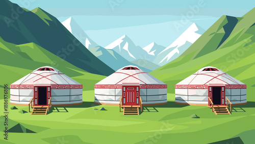 Three traditional yurts in a mountainous landscape on a sunny day