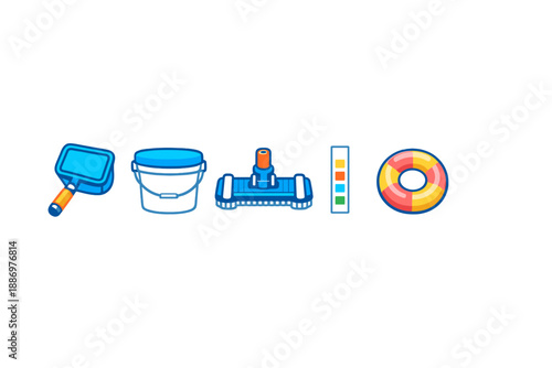 Tools and equipment for pool maintenance during summer, showing items like a skimmer, bucket, vacuum, test strips, and a flotation device