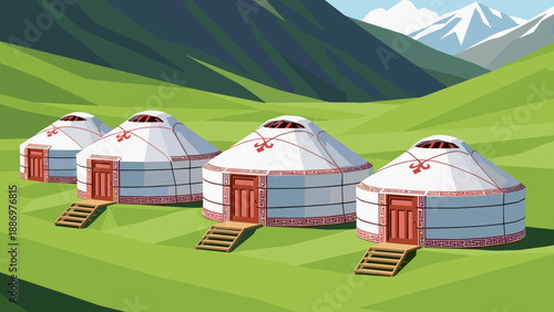 Traditional yurts arranged in a row on a green grassy plain with mountains in the background