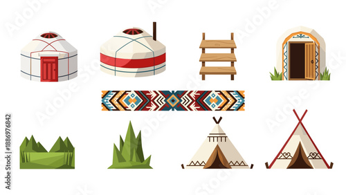 Traditional nomadic elements and patterns featuring yurts and teepees