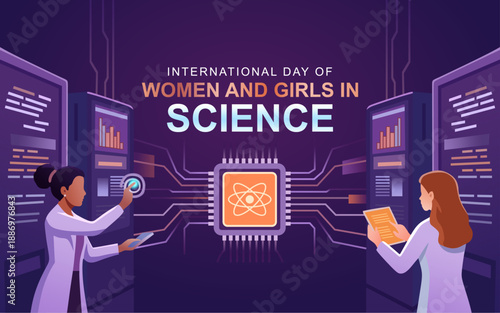 International Day of Women and Girls in Science illustration with female scientists in the most advanced computer laboratory. Flat vector design promoting gender equality.