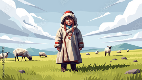 Young child in traditional clothing stands in a grassy field with sheep under a cloudy sky