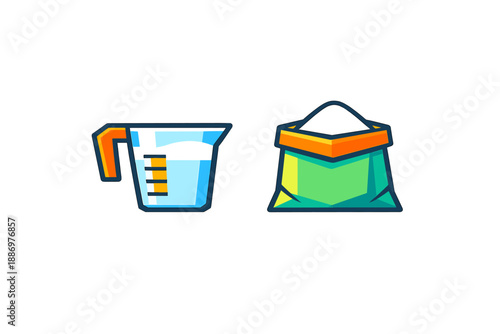 Cup filled with water next to bag of sugar on a plain background for a cooking or baking activity