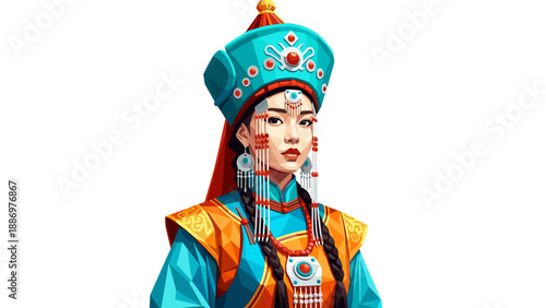 Traditional asian attire in vibrant polygonal art style