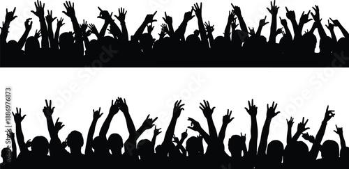 Excited crowd silhouette with raised hands showing concert festival celebration and cheering people isolated on white background for event party illustration design