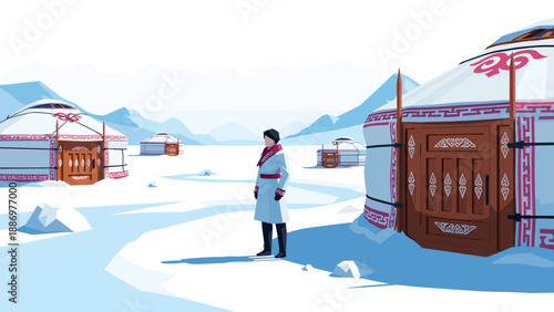 Traditional yurts in snowy mountain landscape with blue sky and figure