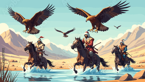 Eagle hunters galloping across mountain stream with majestic birds soaring
