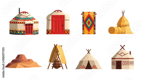 Traditional nomadic dwellings and cultural icons with colorful patterns
