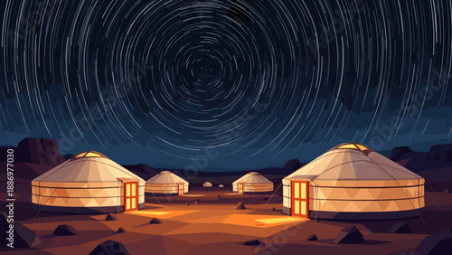 Nomadic yurts under a mesmerizing star trail sky in a vast desert landscape