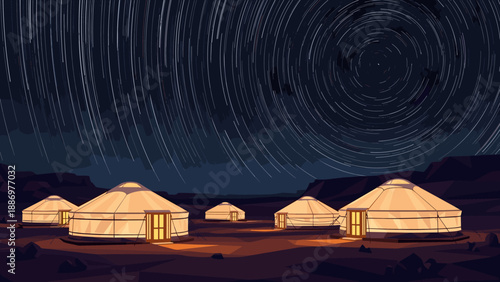 Night sky above yurts with star trails in a desert landscape