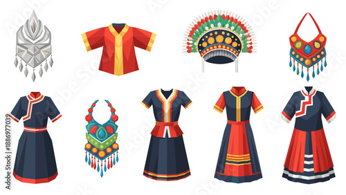 Collection of traditional ethnic clothing and accessories with vibrant colors and geometric patterns