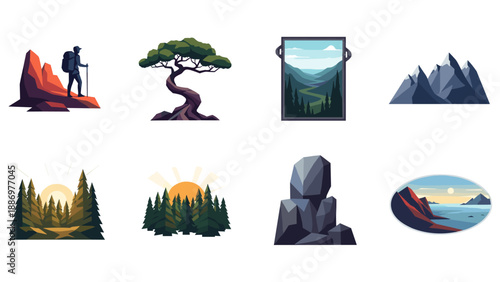 Hiking and nature icons with scenic landscapes and forests
