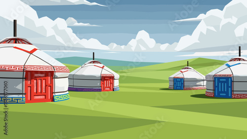 Traditional yurts in vast green landscape with clear blue sky and rolling hills