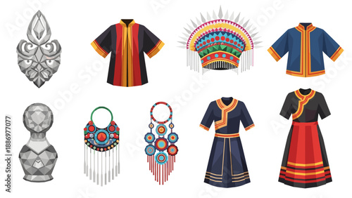 Traditional cultural attire and accessories collection, geometric style