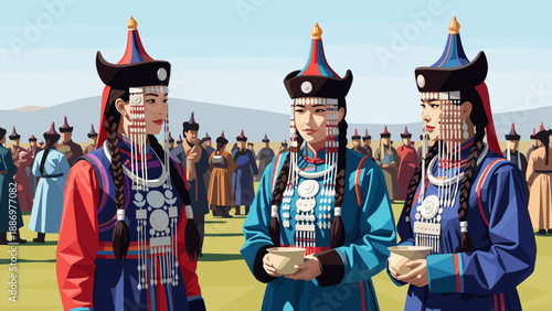 Three Mongolian women in traditional attire gathered outdoors with a crowd in the background