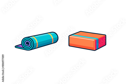 Yoga mat and block rest on a simple surface during a workout session in a fitness studio