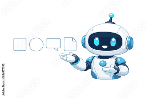 Robot character showing various shapes and objects in a simple design on a white background during a digital art session
