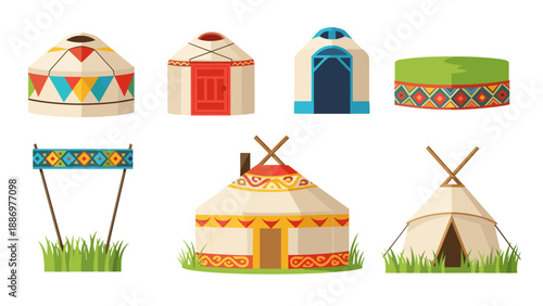 Traditional yurts set with decorative patterns in flat design