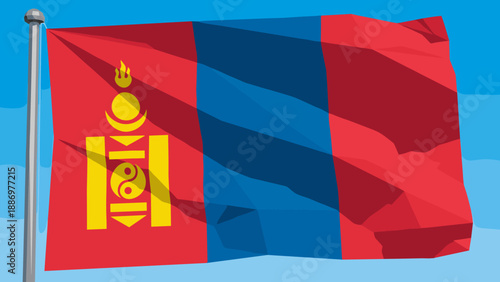 The national flag of Mongolia waving proudly against a clear blue sky