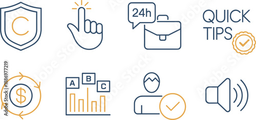 Business Icons Set Copyright Shield Hand Click 24 Hour Service Quick Tips vector illustration