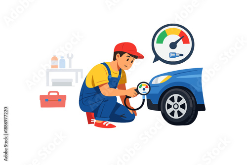 Man checks tire pressure in workshop while tools and equipment are nearby