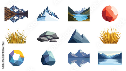 Collection of stylized mountain landscapes, rocks, and vegetation in a flat design style