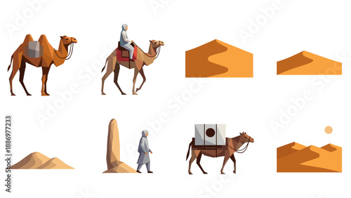 Desert life and travel elements: camels, people, and sand dunes in a flat design style