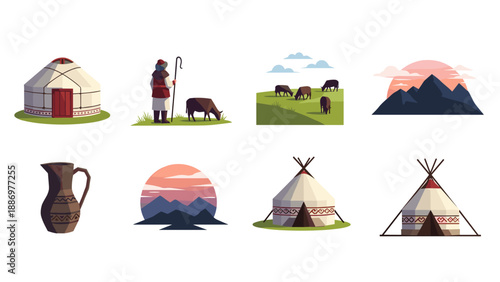 Traditional nomadic life and scenery with yurts, herds, and sunset landscapes