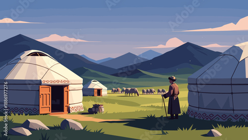 Nomadic herder watches sheep graze near yurts in a vast mountain landscape