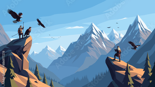 Two ancient warriors with staffs stand on mountain peaks observing eagles soaring in the sky