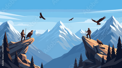 Adventurers and eagles in majestic mountain landscape
