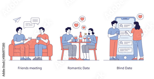 Illustration of people connecting in different social scenarios friends, dating, and online apps