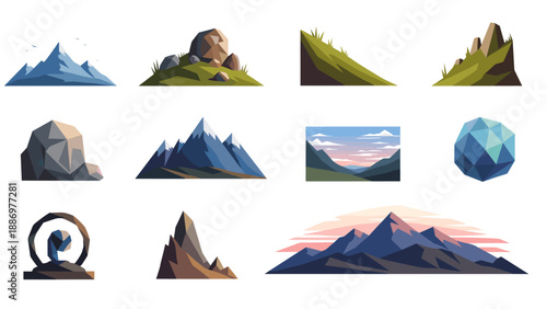 Collection of stylized geometric mountain and rock landscape illustrations