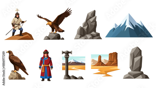 Traditional nomad life with eagle and mountain landscapes in flat style