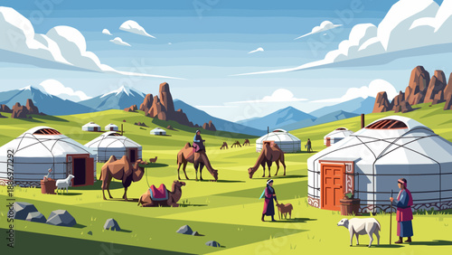 Nomadic life in a yurt village with camels and sheep on a green steppe