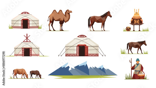 Nomadic life: camels, horses, gers, and mountains in minimalist design