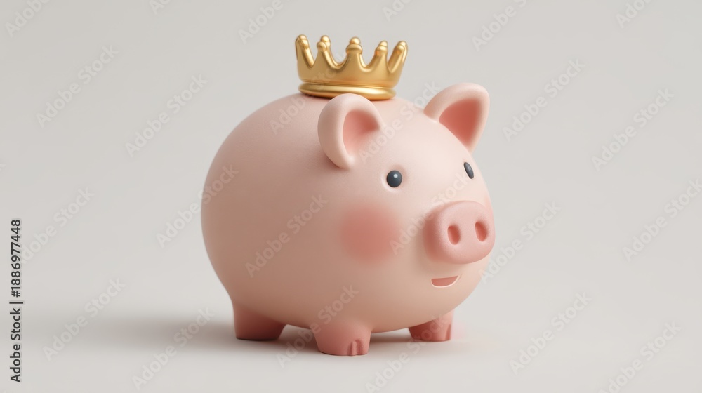 Obraz premium Cute piggy bank with golden crown on top, symbolizes saving money and financial success for children and adults alike