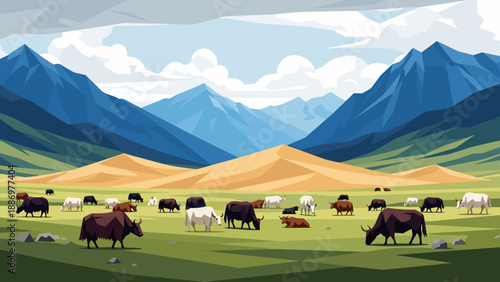 Herd of yaks grazing peacefully in a vast mountain valley with rolling hills and blue sky