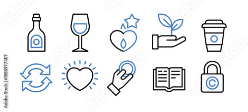 Collection of flat design icons with blue and black outlines on white background Keywords: icon, set, collection, symbols