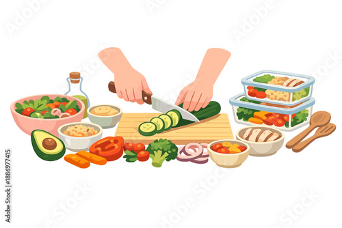 Person prepares fresh vegetables and meals on a kitchen counter with various bowls and containers filled with different foods during a meal prep session