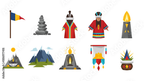 Collection of flat design icons representing cultural and natural elements