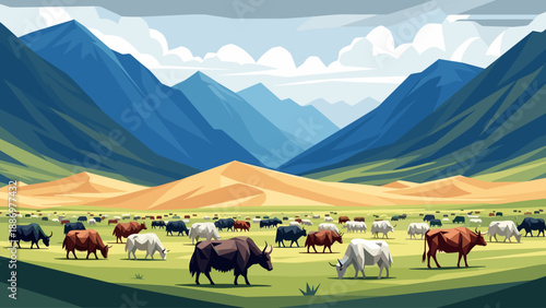 Herd of yaks grazing peacefully in a vast mountain valley with rolling hills