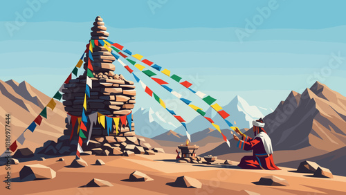 Tibetan monk praying near stupa with prayer flags in the Himalayas